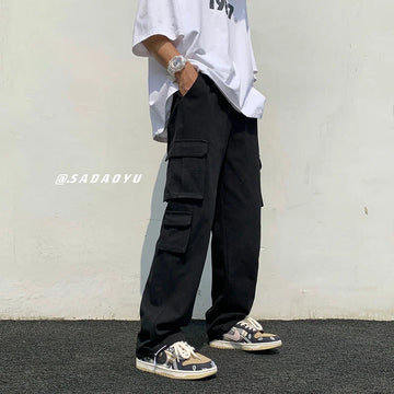 Riolio Black/white Cargo Pants Men Fashion Loose Straight Wide Leg Pants Men Streetwear Hip-hop Pocket Casual Pants Mens Trousers